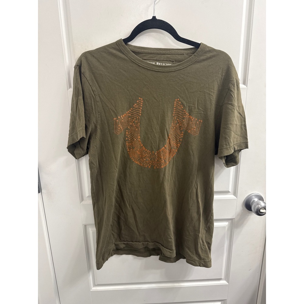 True Religion Mens Olive Green Horseshoe Circuit Board Graphic T-Shirt Small